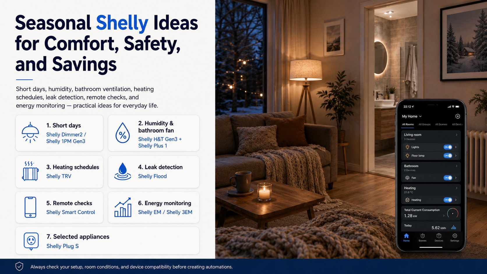 A cozy winter home interior in early evening light, suggesting a practical smart home setup for dark days.